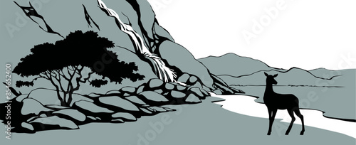 Vector landscape. Deer near a mountain stream