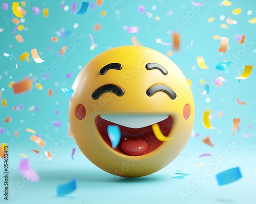 3D yellow emoji with a jubilant cheer against a powder blue backdrop, colorful confetti flutter.