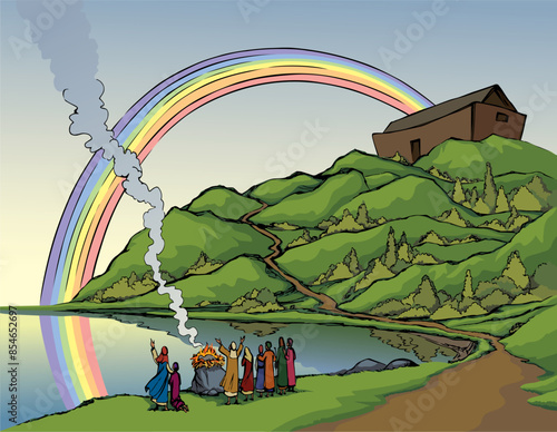 Vector drawing. Noah Offers a Sacrifice to God