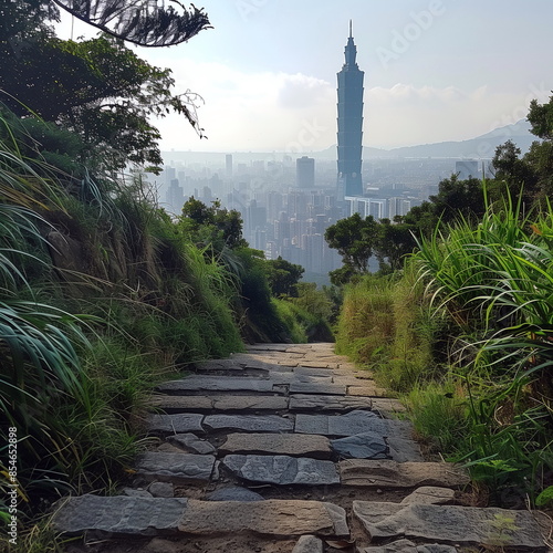 Elephant Mountain hiking trail with a view of Taipei 101 photo