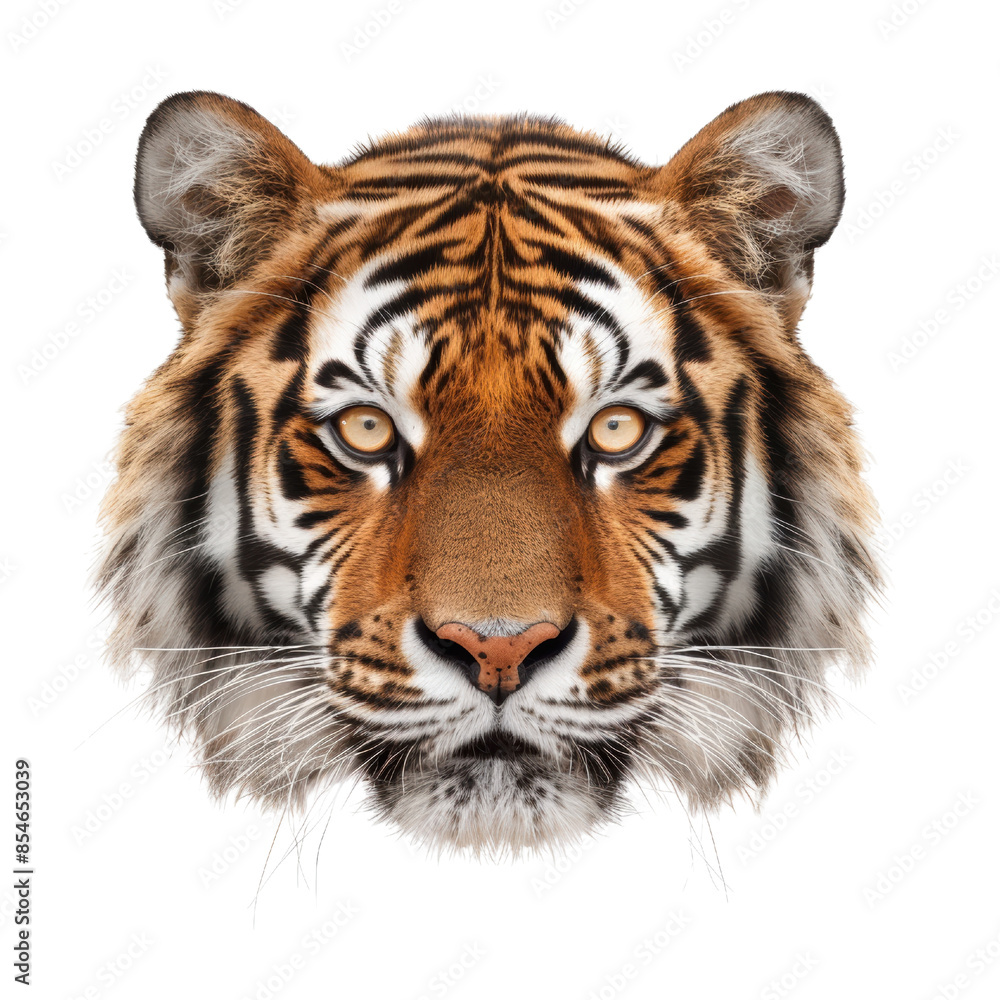 Fototapeta premium Close-up portrait of a tiger's face with intense, focused eyes. The image showcases the animal's powerful presence and captivating gaze. isolated on a white background.