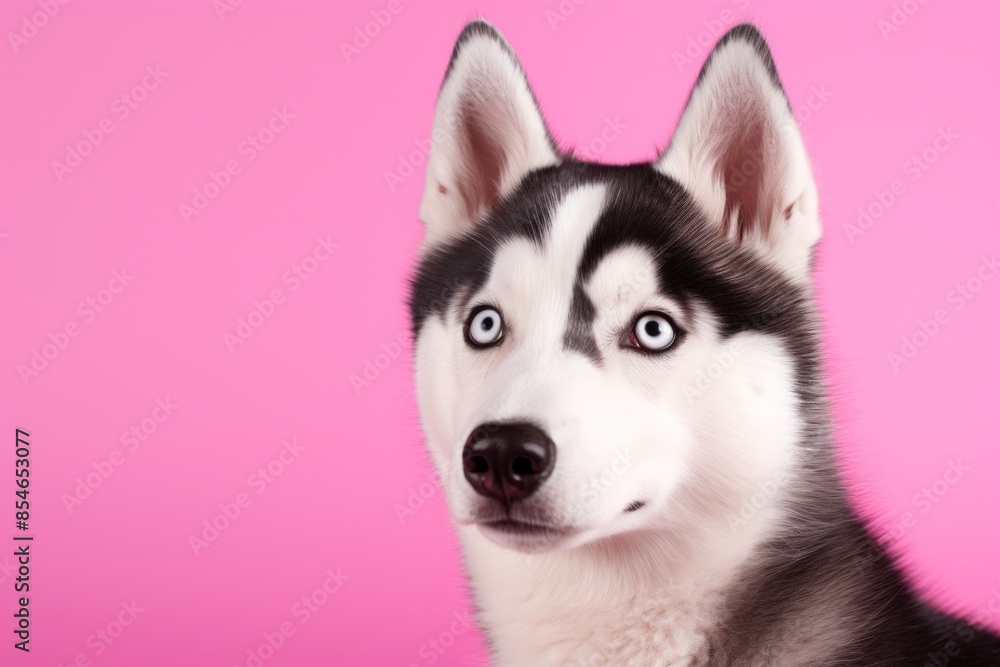Portrait of a cute siberian husky over pastel pink background Portrait of a cute siberian husky over pastel pink background