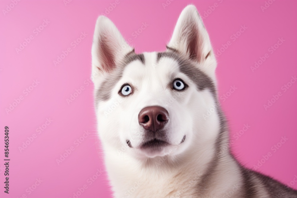 Portrait of a cute siberian husky while standing against pastel pink background Portrait of a cute siberian husky while standing against pastel pink background