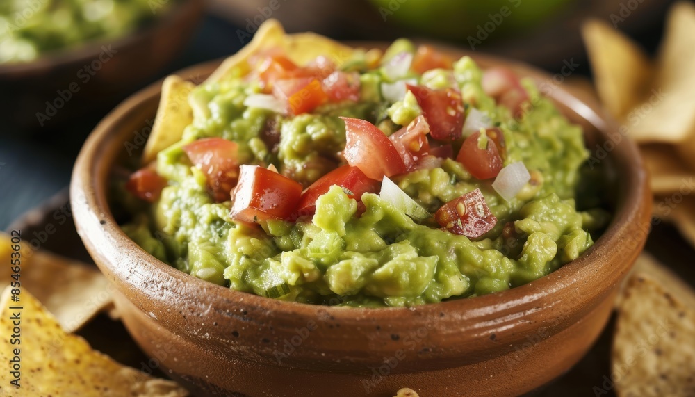 Delicious guacamole served in a rustic bowl with fresh tomatoes and tortilla chips, perfect for a Mexican snack or appetizer. Delicious guacamole served in a rustic bowl with fresh tomatoes and tortilla chips, perfect for a Mexican snack or appetizer.