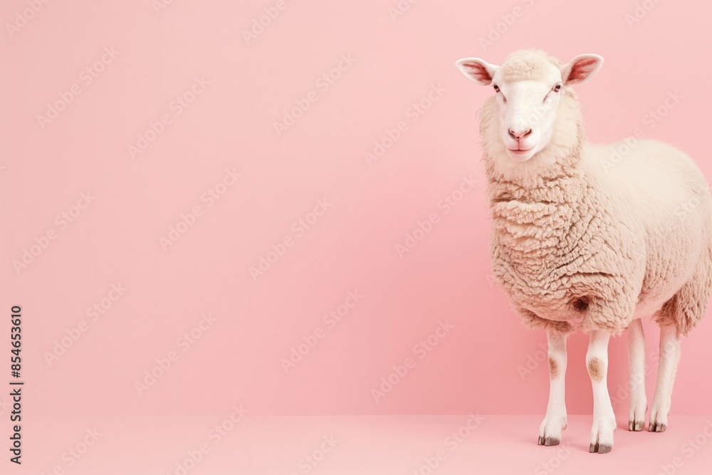 Fototapeta premium Whimsical portrait of a sheep against a pink background, capturing the charm and simplicity of farm life. Ideal for animal-themed and playful projects.
