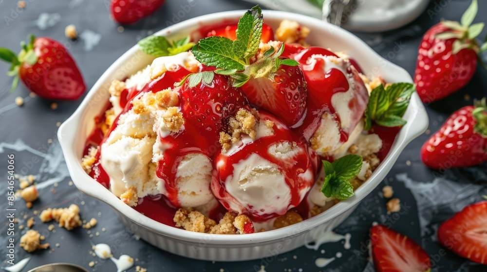 Vanilla ice cream with strawberry sauce and fresh strawberries on a cookie crumble bed in a white dish aerial perspective Vanilla ice cream with strawberry sauce and fresh strawberries on a cookie crumble bed in a white dish aerial perspective