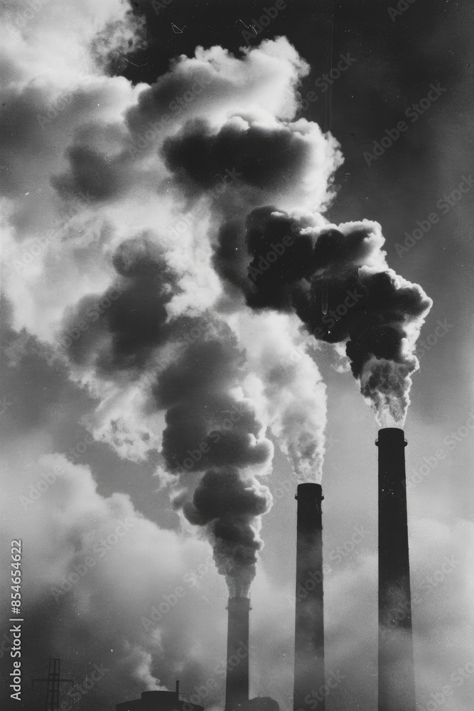 Obraz premium Smoke billows from a factory chimney in a classic black and white photograph