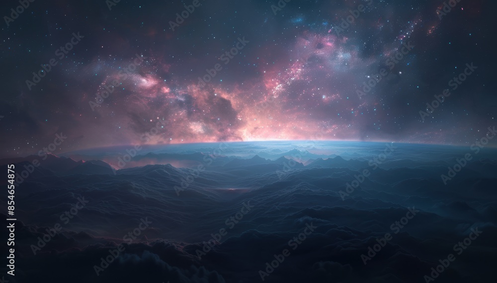 Fototapeta premium Ethereal cosmic horizon with vibrant nebula colors blending into the dark space. Perfect for sci-fi themes, backgrounds, and digital art.