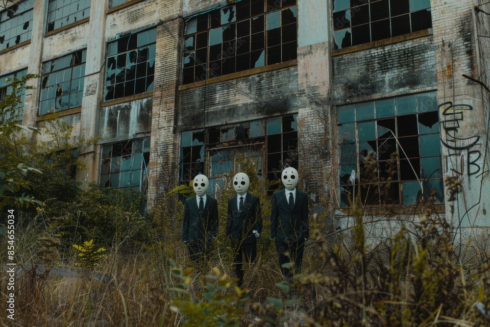 Building From Suits Three men in suits with white masks standing in front of an abandoned ...