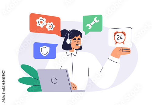 Call center worker at work. 24/7 customer service, helpdesk and technical support, assistance. Woman in headset, communication with client. Flat vector illustration isolated on white background