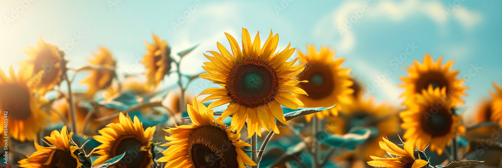 Fototapeta premium Realistic portrait photo macro shot, of spring botanical sunflower field with blurred sky background, wallpaper, wall art