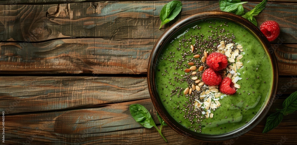 A vibrant and nutritious smoothie bowl filled with fresh fruits, nuts, and seeds, placed on a rustic wooden table A vibrant and nutritious smoothie bowl filled with fresh fruits, nuts, and seeds, placed on a rustic wooden table