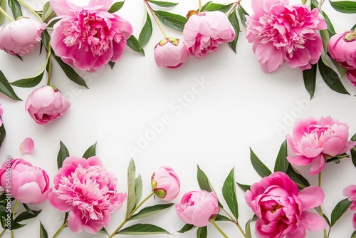 Beautiful arrangement of pink peonies on a white background, showcasing the elegance and charm of these flowers. Ideal for decor and floral-themed projects. Copy Space. Flat Lay. Top View