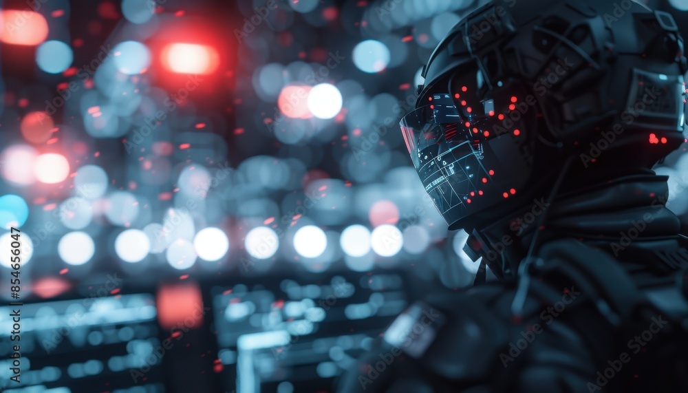 Futuristic armored soldier with helmet in a high-tech environment, illuminated by red and blue lights, symbolizing advanced technology. Futuristic armored soldier with helmet in a high-tech environment, illuminated by red and blue lights, symbolizing advanced technology.