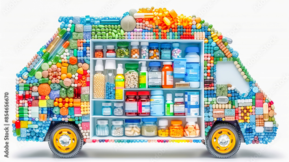 Obraz premium Delivery van full of colorful medicine delivering healthcare and pharmaceuticals