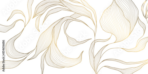 Vector gold leaf pattern. Floral luxury wallpaper, art deco botanical illustration. Palm tropical decoration, premium exotic line banner, japanese elegant border.