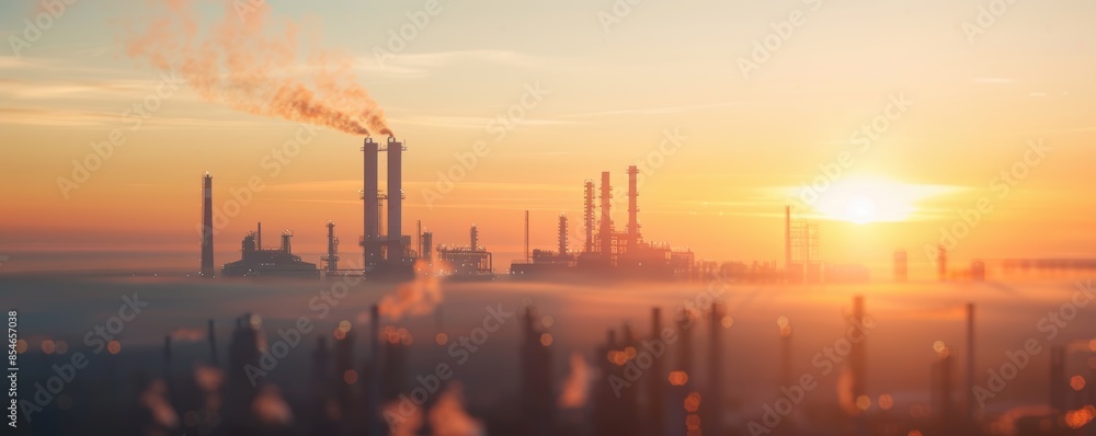 A factory skyline during a vibrant sunset, with tall chimneys emitting smoke, symbolizing industrial activity. A factory skyline during a vibrant sunset, with tall chimneys emitting smoke, symbolizing industrial activity.