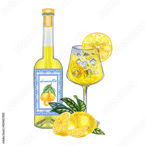 Limoncello bottle and spritz glass watercolor arrangement. Hand drawn composition of lemon traditional liqueur Italian cocktail and lemons for packaging and menu design.