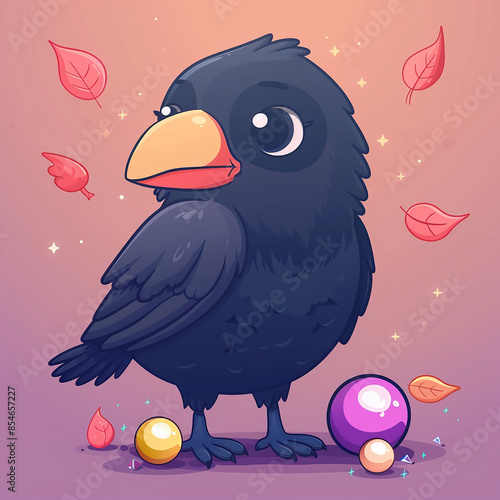 Vector_cute_Crow_gathering_shiny_objects_cartoon