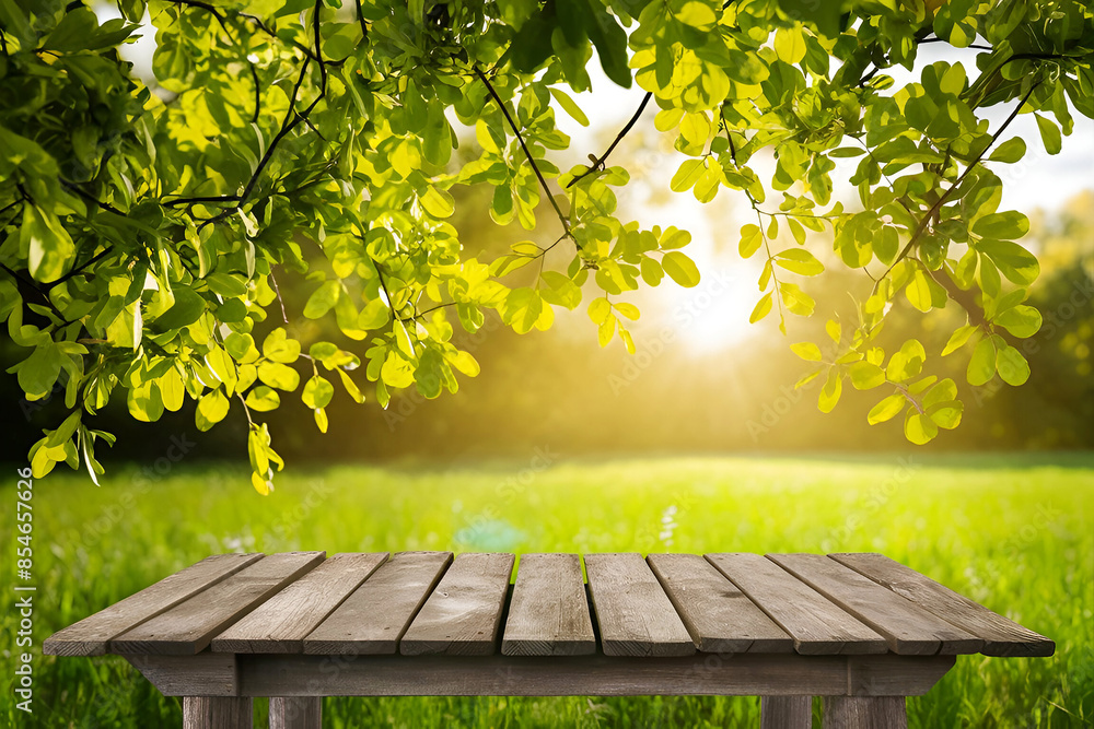 Naklejka premium Spring summer beautiful natural background with green foliage in sunlight and empty wooden table outdoors. Abstract backgrounds wallpaper. Ai generative