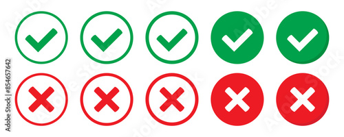 Right or wrong icons. Green tick and red cross checkmarks. Yes or no symbol, approved or rejected icon for user interface.