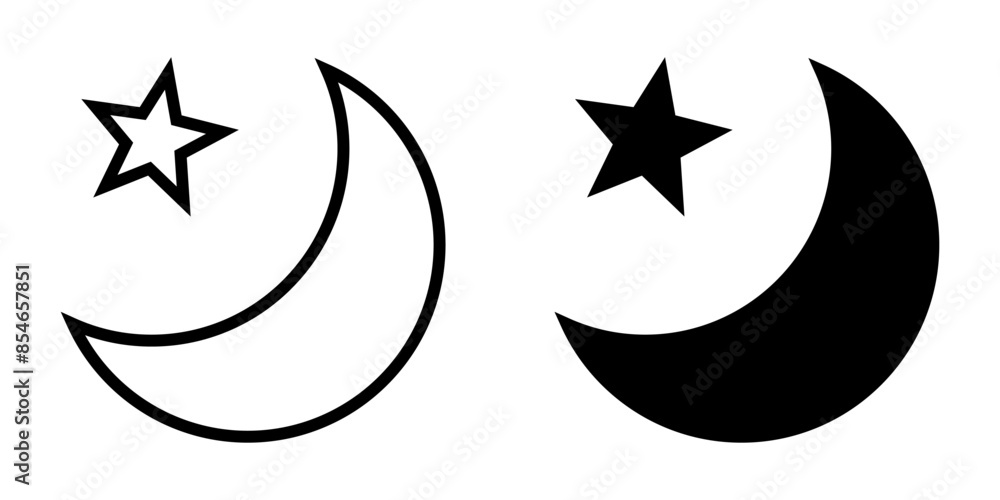 Crescent moon with stars icon on white background. Night icon. Crescent moon icon. Minimalist style. Crescent moon with stars icon on white background. Night icon. Crescent moon icon. Minimalist style.