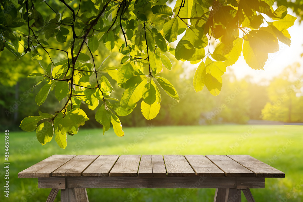 Naklejka premium Spring summer beautiful natural background with green foliage in sunlight and empty wooden table outdoors. Abstract backgrounds wallpaper. Ai generative