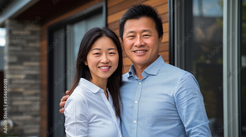 A smiling couple standing outside their modern home, showcasing their happy relationship and contemporary lifestyle. Ideal for themes of home, family, and modern living. A smiling couple standing outside their modern home, showcasing their happy relationship and contemporary lifestyle. Ideal for themes of home, family, and modern living.