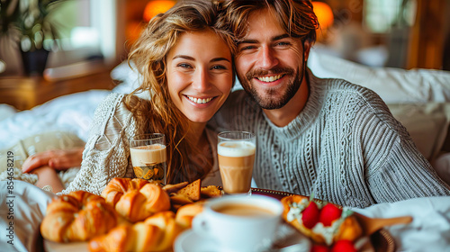 Happy couple enjoying luxurious breakfast in bed during romantic hotel staycation photo