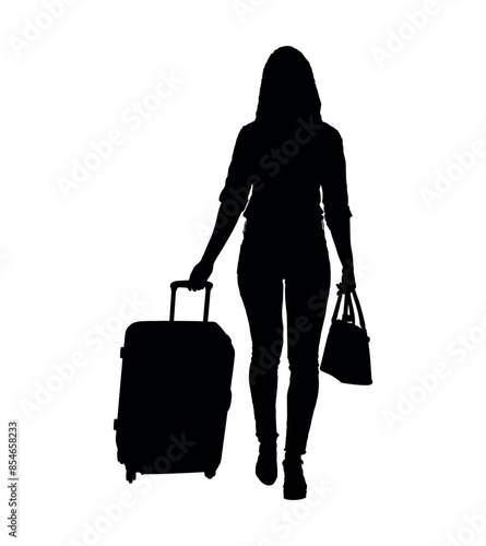 Beautiful woman carrying bag and pulling luggage flat vector black.