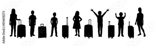 Group kids standing in row with their luggage portrait silhouette set.  Children going on vacation trip waiting with their suitcases at airport terminal for flight black silhouettes.