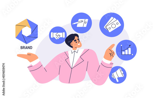 Brand marketing manager. Business growth and development strategy concept. Planning budget, advertising campaign management and positioning. Flat vector illustration isolated on white background