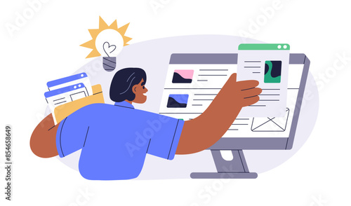 Creative content manager editing web-site, publishing articles, blogs. Online editor creating, placing information, news at computer. CMS concept. Flat vector illustration isolated on white background