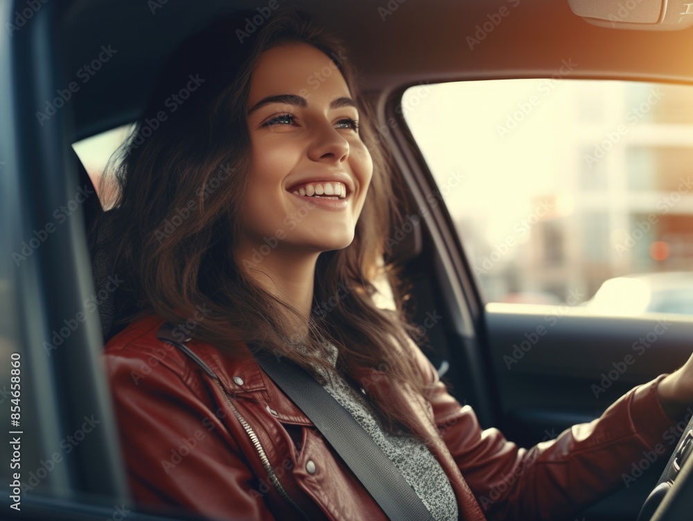 A happy woman behind the wheel, enjoying the ride A happy woman behind the wheel, enjoying the ride