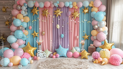 A pastel-colored balloon arch with a striped backdrop creates a festive and cheerful atmosphere for a party