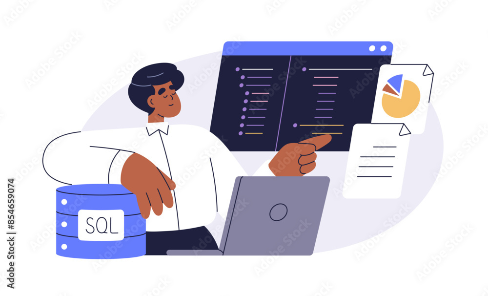 Data administrator, database management with SQL. Information technology, digital storage and analysis concept. Coding and developing reports. Flat vector illustration isolated on white background Data administrator, database management with SQL. Information technology, digital storage and analysis concept. Coding and developing reports. Flat vector illustration isolated on white background