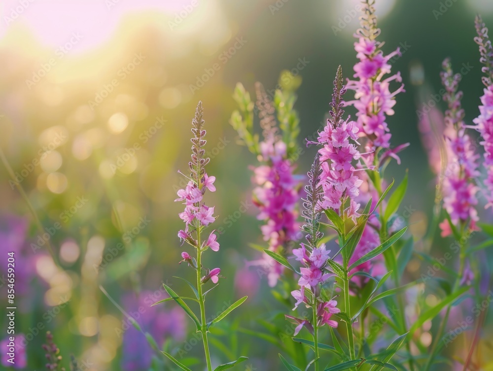 Naklejka premium A beautiful field of purple flowers with the sun shining in the background