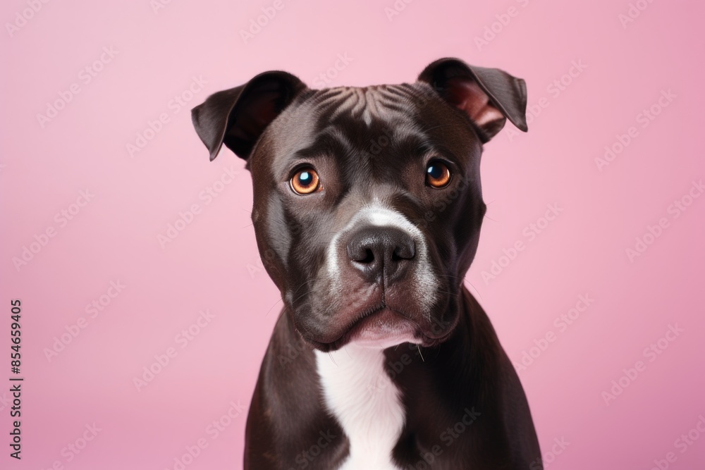 Portrait of a cute staffordshire bull terrier while standing against pastel purple background Portrait of a cute staffordshire bull terrier while standing against pastel purple background