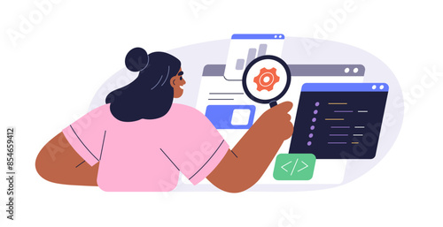 Software engineering and development concept. Programmer, coder developing, testing code, script. Backend professional, information technology. Flat vector illustration isolated on white background