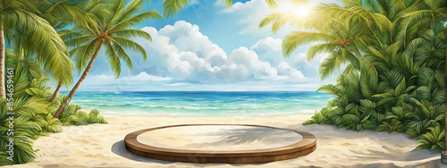  Beach podium summer background sand product 3D sea display platform. Beach podium summer banner stand scene sale sky holiday vacation stage water island sun travel pedestal promotion presentation ad. © Five Million Stocks