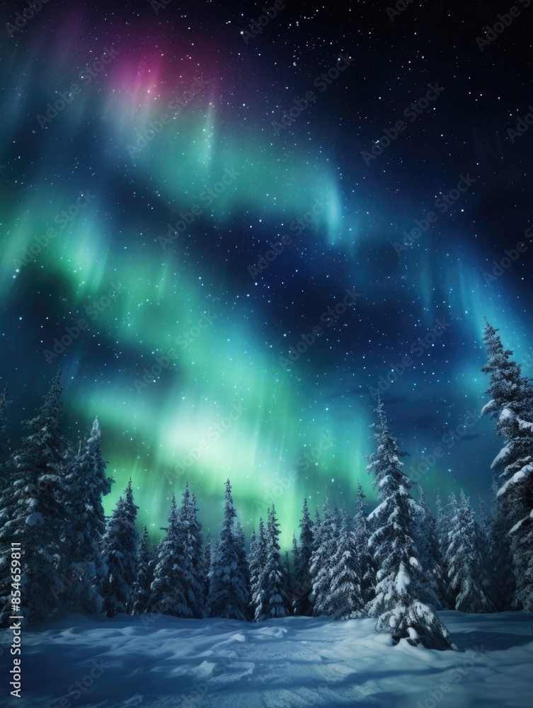 Winter scene with snow-covered trees and the northern lights