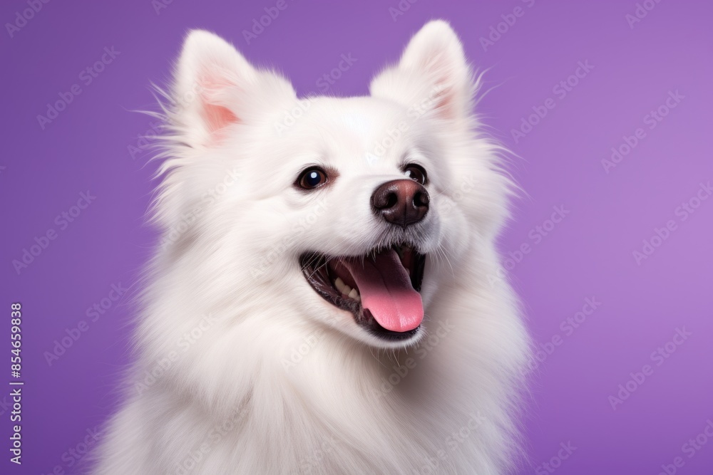 Portrait of a happy american eskimo dog isolated in pastel purple background Portrait of a happy american eskimo dog isolated in pastel purple background