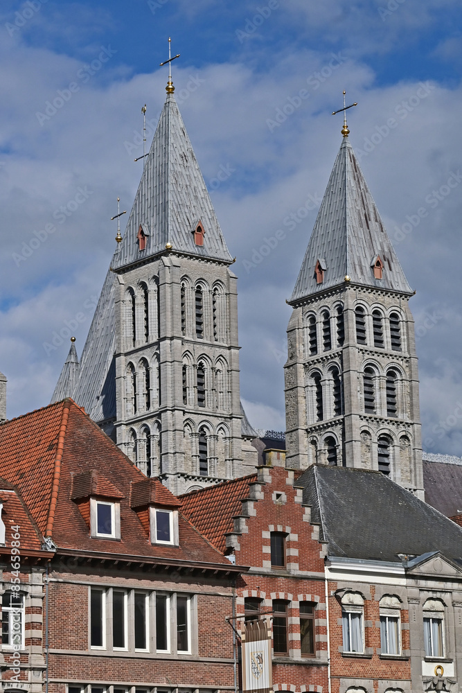 Fototapeta premium Tournai, La Cattedrale di Notre-Dame e le antiche case del centro storico, Fiandre - Belgio