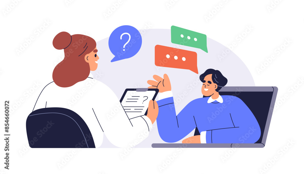 Online job interview. Recruitment and hiring concept. HR and candidate communication via video call. Virtual meeting, employer and employee. Flat vector illustration isolated on white background Online job interview. Recruitment and hiring concept. HR and candidate communication via video call. Virtual meeting, employer and employee. Flat vector illustration isolated on white background