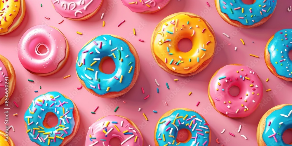 A plate of colorful donuts with sprinkles on a bright pink background, perfect for bakery or cafe promotions A plate of colorful donuts with sprinkles on a bright pink background, perfect for bakery or cafe promotions