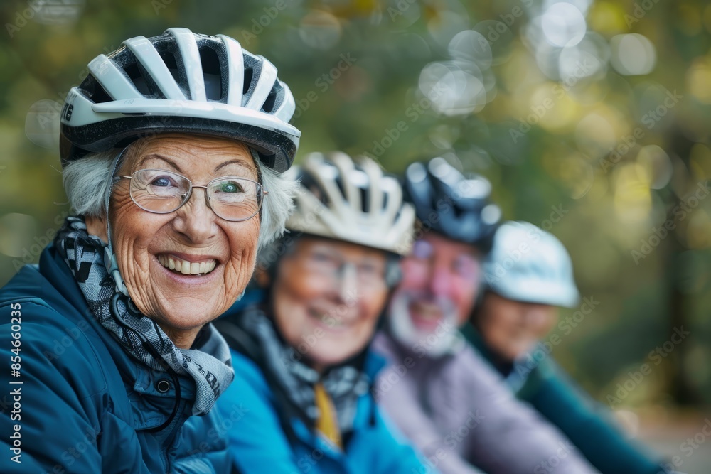 A group of smiling senior citizens wear cycling helmets and enjoy a cycling adventure together in a wooded area A group of smiling senior citizens wear cycling helmets and enjoy a cycling adventure together in a wooded area