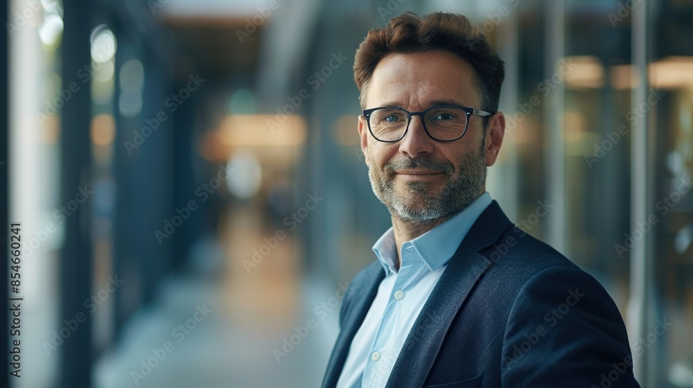 Confident businessman standing smiling looking focused at the camera Confident businessman standing smiling looking focused at the camera