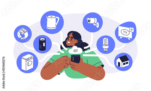 IoT, smart home technology concept. Woman with phone, smartphone app, remote ...