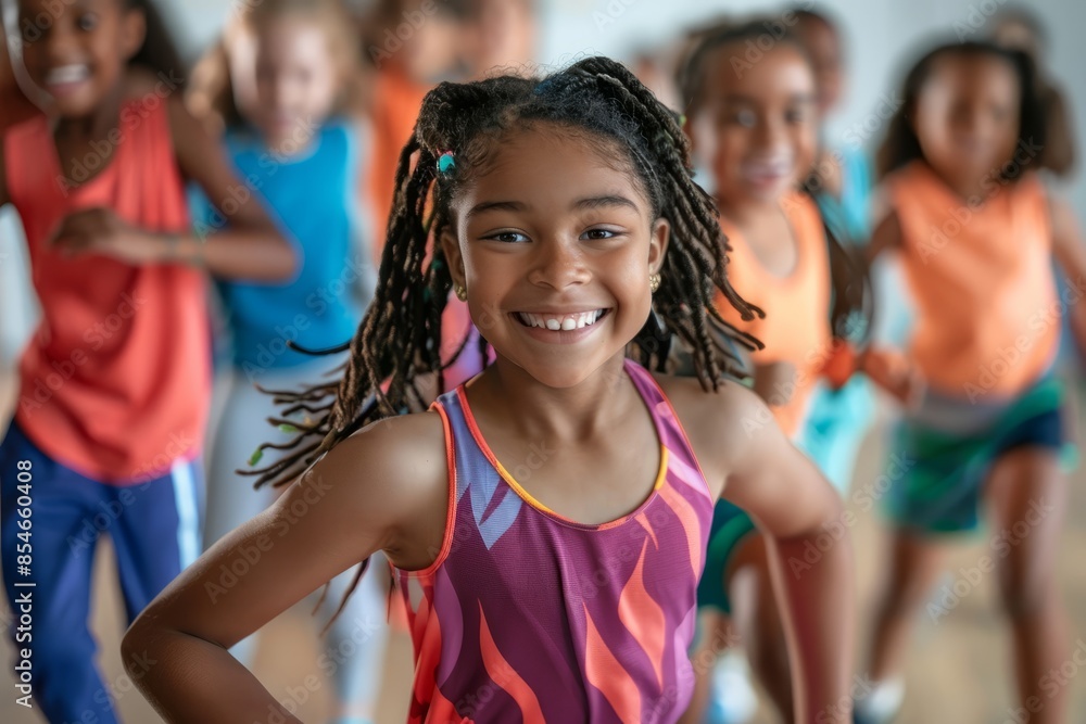 A close-up photograph of a diverse group of children wearing sports attire playfully dancing together in a bright studio A close-up photograph of a diverse group of children wearing sports attire playfully dancing together in a bright studio