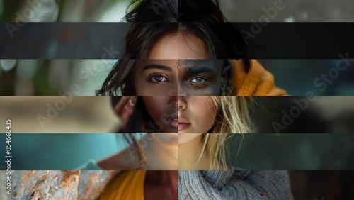 Portraits of people in fragments loopable animation, diversity concept, men and women looking into camera, front view